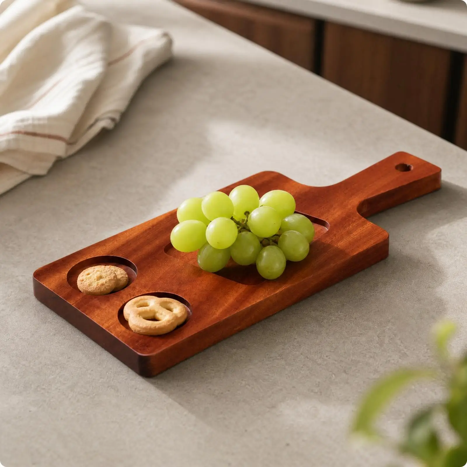 Rectangular Sapele Serving Tray with Built-in Handle for Patio Dining Table Decoration and Home Bar Use