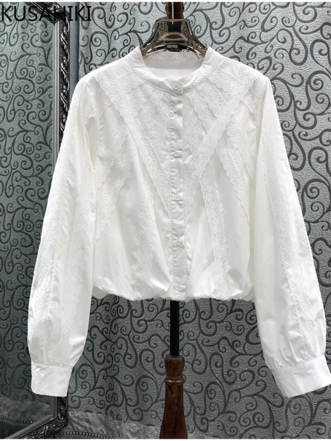 KUSAHIKI French Lace Patchwork Short Shirt for Women Autumn New Niche Elegant Top