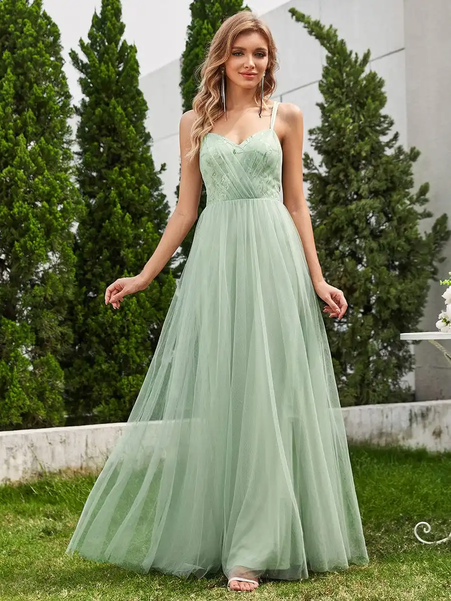 

Elegant Evening Dresses Cross-Back Straps sleeveless Tulle Floor length 2025 Ever Pretty of Shimmer Mint Green Bridesmaid Dress