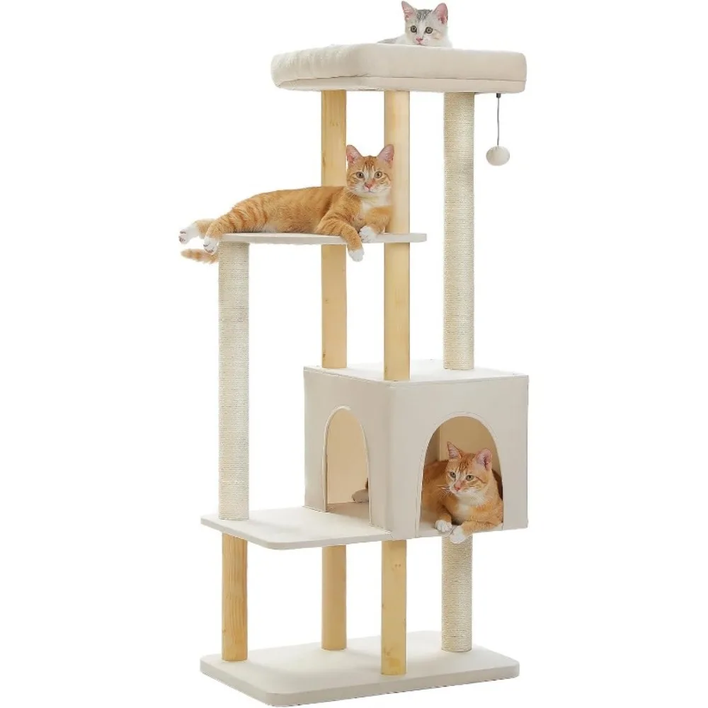 

Large Cat Tree, 53 Inches Modern Wooden Cat Tower for Indoor Large Cats, Multi-Level Cat Condos with Long Scratching Posts