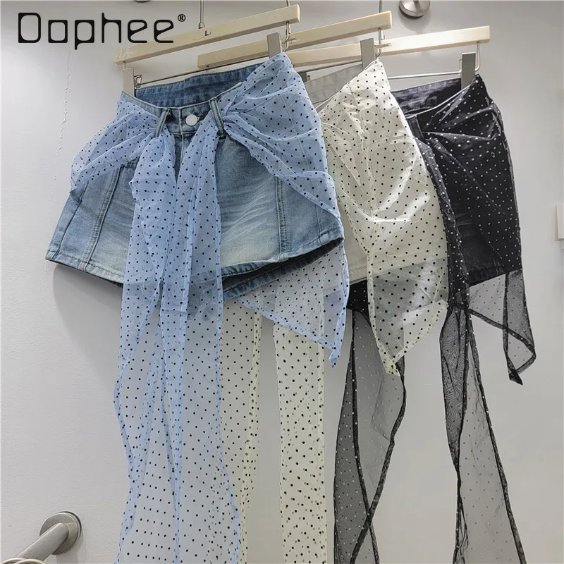 

Y2K Polka Dot Mesh Bow Denim Mini Skirt High Waist Layered Streetwear Skirt Spring and Summer 2026 New Denim Skirt