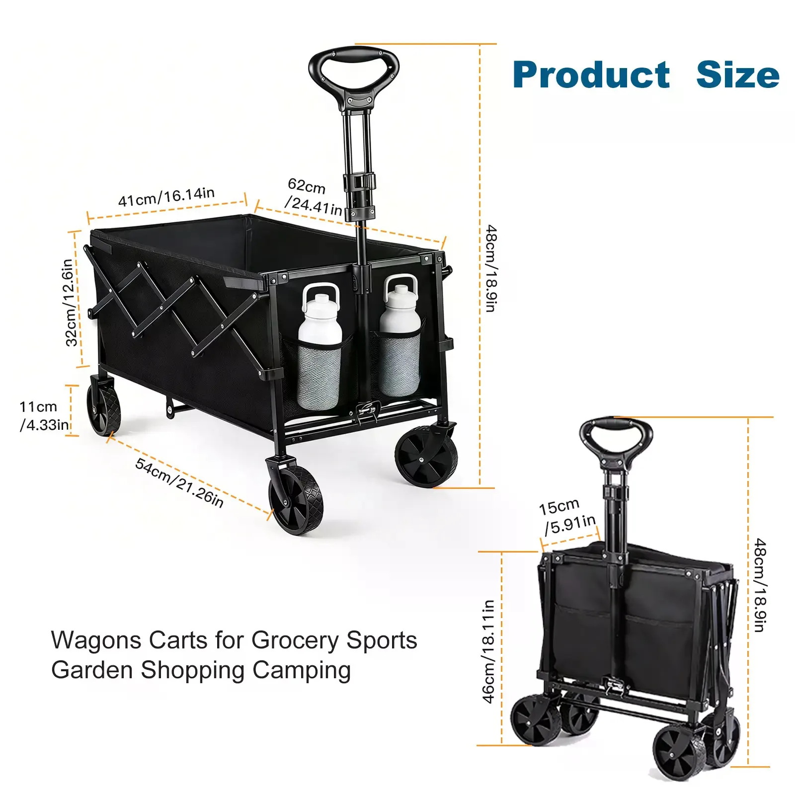 Heavy-Duty Compact Folding Wagon Cart with Wheels - 250lbs Load, Metal Frame, Wear-Proof Wheels, Washable 600D Fabric, Collapsible Design for Garden, Camping Use