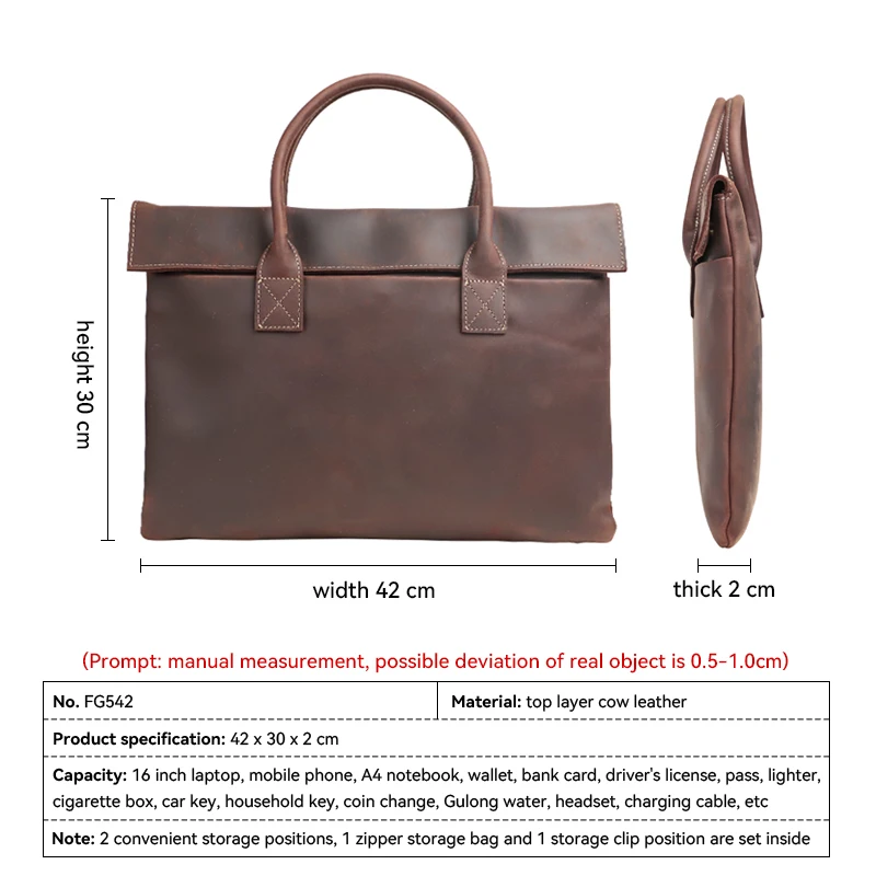 2023 Vintage Men's Briefcase Genuine Leather 16'' Laptop Bag Crazy Horse Leather Handbag Business Office Document Bag Hand Bag