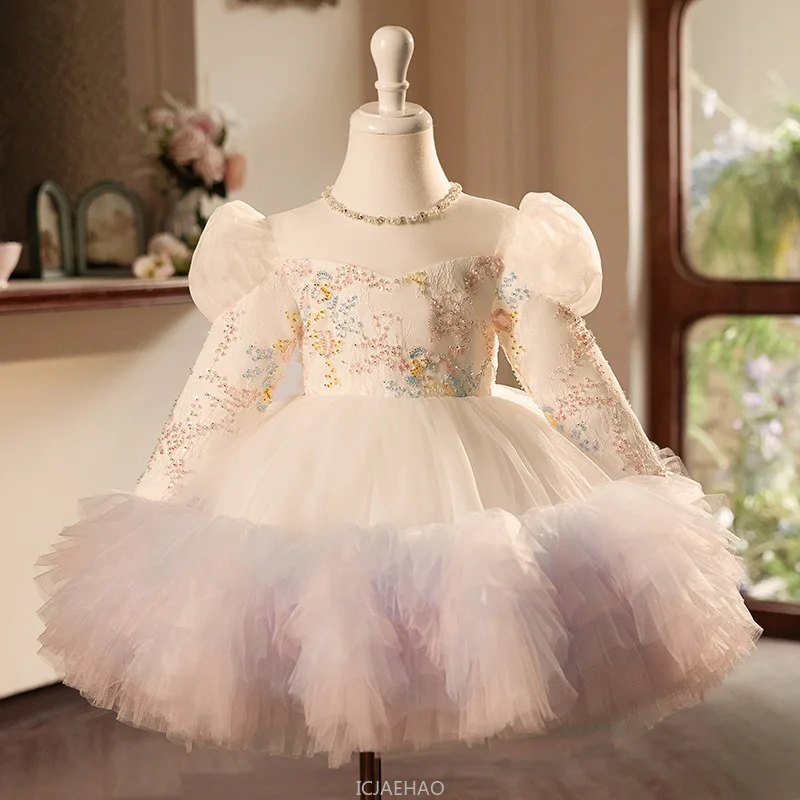 

2025 Children's Princess Dress Flower Girl Birthday Party Evening Dress Kids Piano Performance Dress Girls' Long Sleeve Dresses