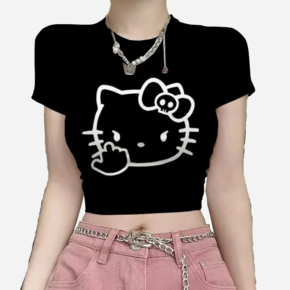 

2025 уличная эстетичная детская футболка в стиле ретро, женские укороченные топы с принтом «Hello Kitty», повседневная тонкая одежда с короткими рукавами Y2k, одежда для электронных девочек