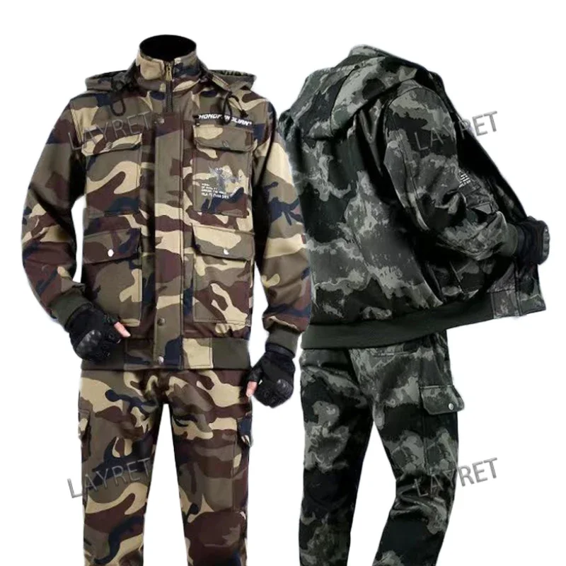 Outing Men Work Clothes Labor Protection Clothing Warm Multi Pocket Thickened Wear-resistant Autumn Winter Plush Camouflage Set