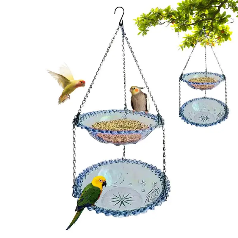 Birdbath Bowl Flower Shaped Outdoor Bird Feeder Double Layers Bird Feeder Metal Chain Weatherproof Garden Decor Yard Supplies