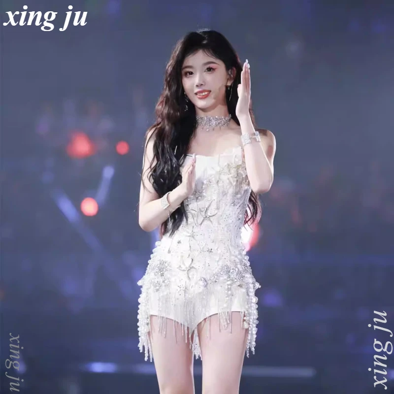 

Xing Ju Kpop Korean Singer Jazz Dance Costumes Women White Luxury Diamond Tassel Dress Sexy Outfits Nightclub DJ Stage Rave Wear