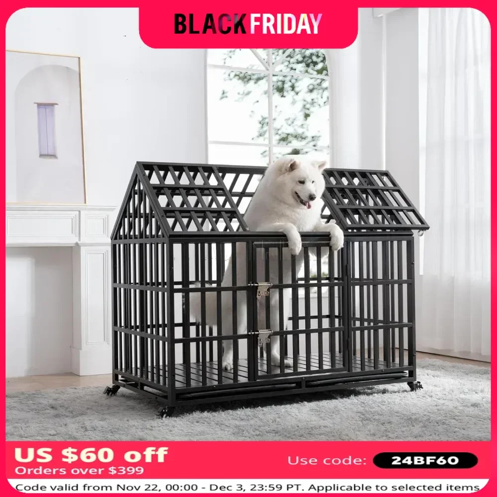 52 Inch Dog Crate with Sturdy Latches, Extra Large Kennel with Pointed Roof, Escape-Proof and Indestructible Pet Cage