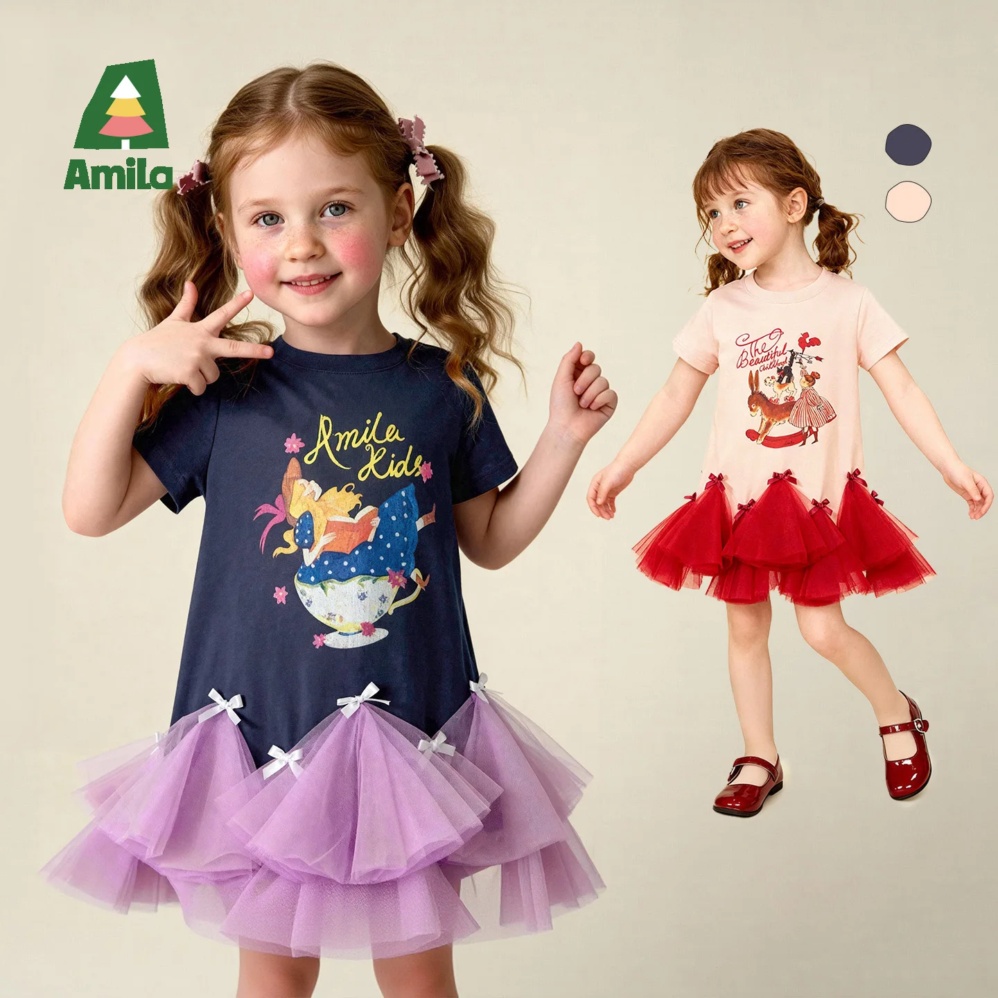 Amila 2026 Summer New Girls' Dress Mesh Splicing Puff Skirt Cartoon Letter Printed Sweet And Fashionable Princess Skirt