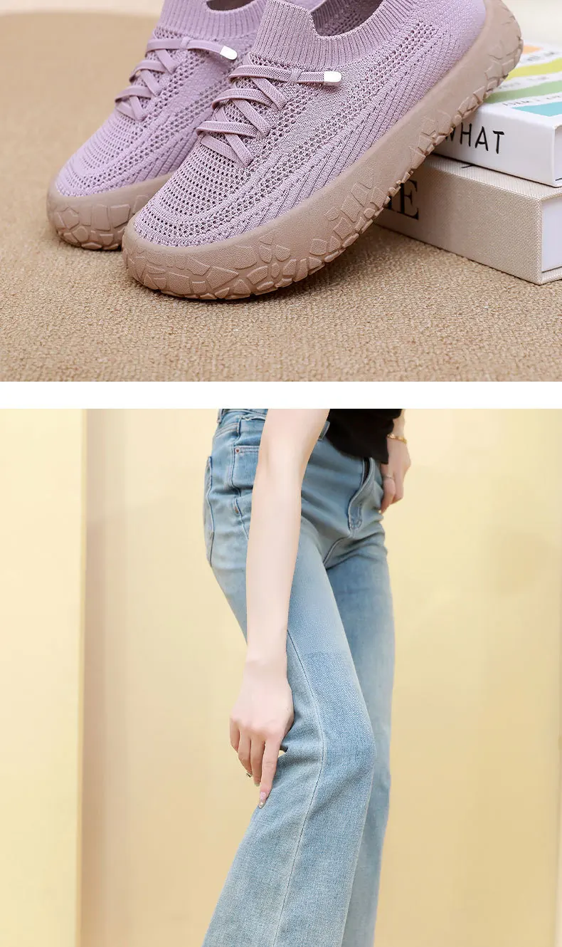 Damen-Stricksocken-Sneaker, atmungsaktives, hohles, fliegengewebtes Obermaterial, rutschfeste, rockartige Textur, dicke Sohle, leichte, lässige Wanderschuhe – Detail 21