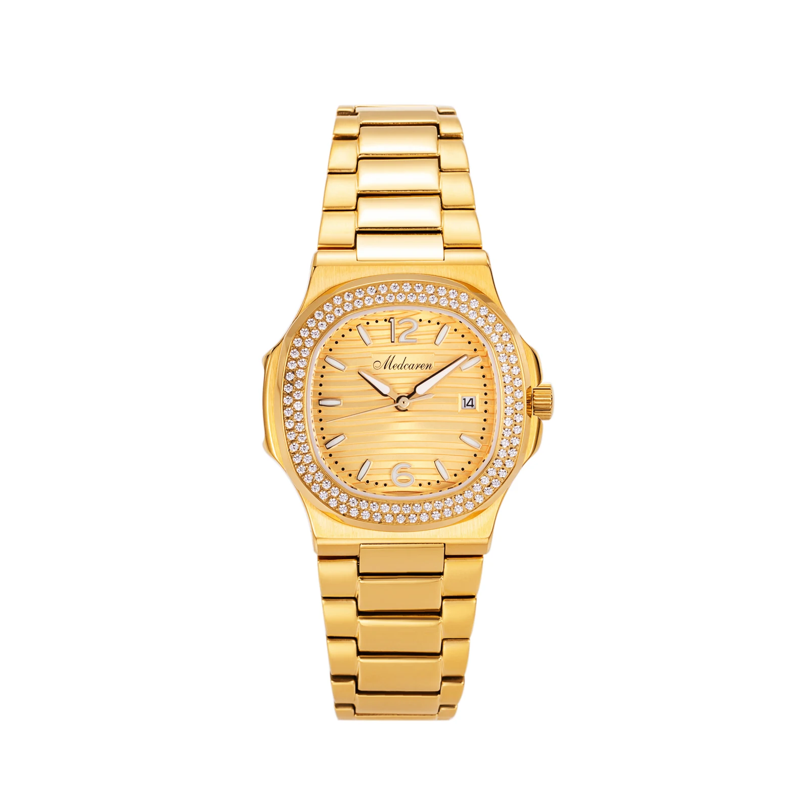 

Stylish 30.5mm Women's Quartz Wristwatch 24K Gold Chronograph Dual Calendar Watch Stainless Steel Strap Ladies Watch Waterproof