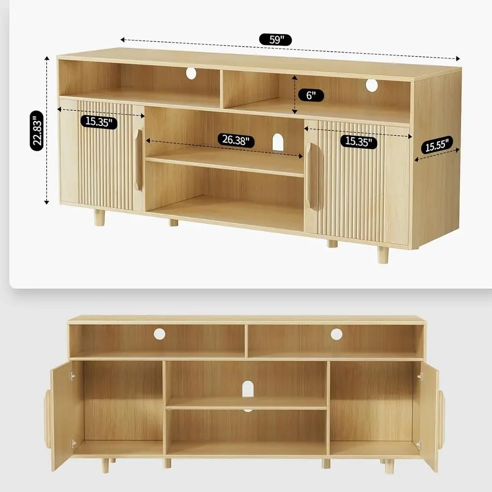 65 TV Stand with Storage and Media Shelf, Oak Living Room/Bedroom Entertainment Center