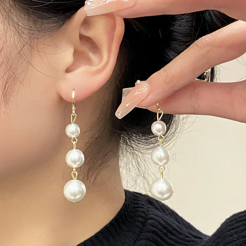 White Imitation Pearl Long Dangle Earrings for Women Golden Color Metal Hoop Earrings Wedding Party Fashion Elegant Jewelry Gift