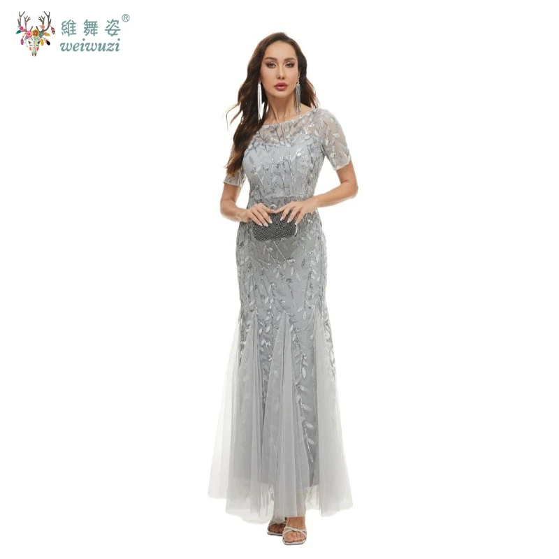 

Сетчатое шифоновое платье с круглым вырезом и вышивкой и пайетками, с короткими рукавами, облегающее летнее банкетное длинное вечернее платье с рыбьим хвостом, платье подружки невесты