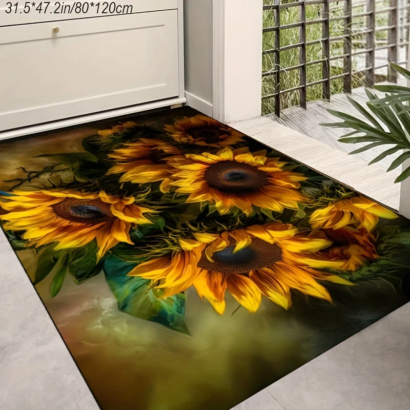 Sunflower Oil‑Painting Art Printed Non‑Slip Rug, Stylish Decor Floor Mat for Living Room, Bedroom, Office and Commercial Space