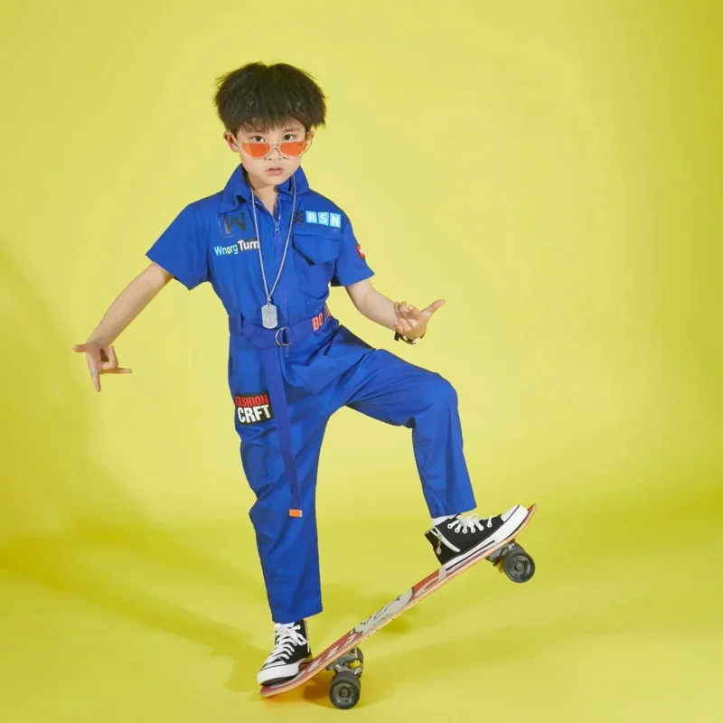 Kids Cool Short Sleeve Hip Hop Clothing Blue Red Loose Jumpsuit Overalls for Girls Boys Jazz Dance Costumes Dancing Clothes Wear