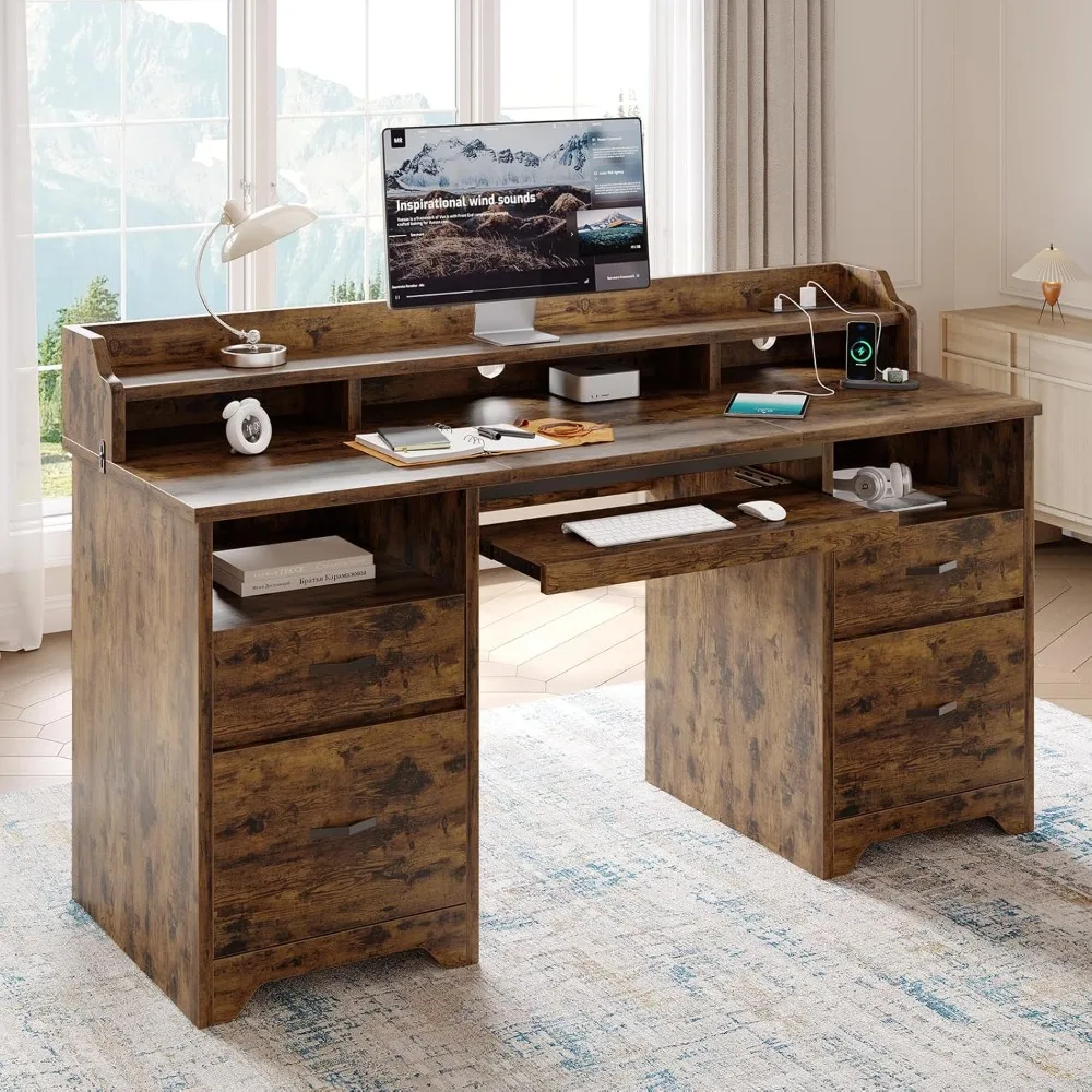 

59 Administrative desk with drawers, wooden computer desk with charging station, home desk with keyboard tray