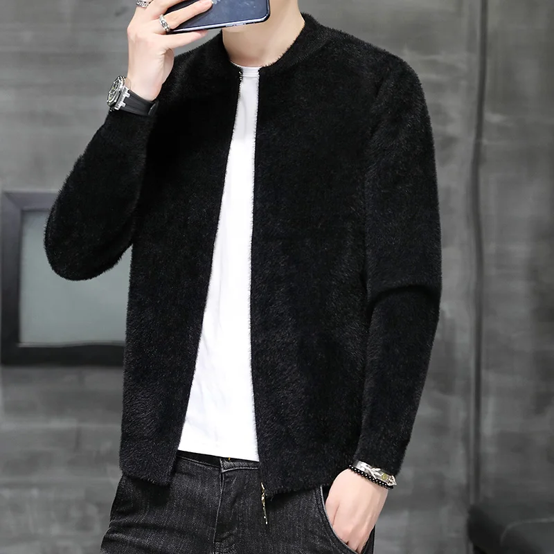 

Men's Knitted Open Cardigan Collar Jaet Autumn Winter Slim Pure Color Busin Mink Velvet Zipper Thin Line irt