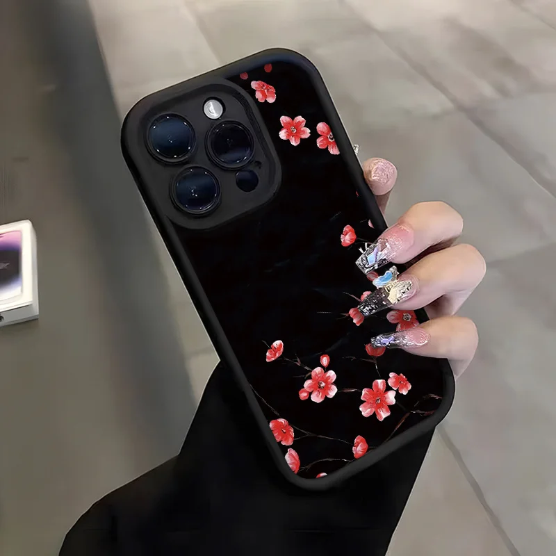 

Pink plum blossom branch pattern phone case for iPhone 16 15 14 13 12 11 Pro/ Max/Plus shock-proof rear cover anti-fingerprint