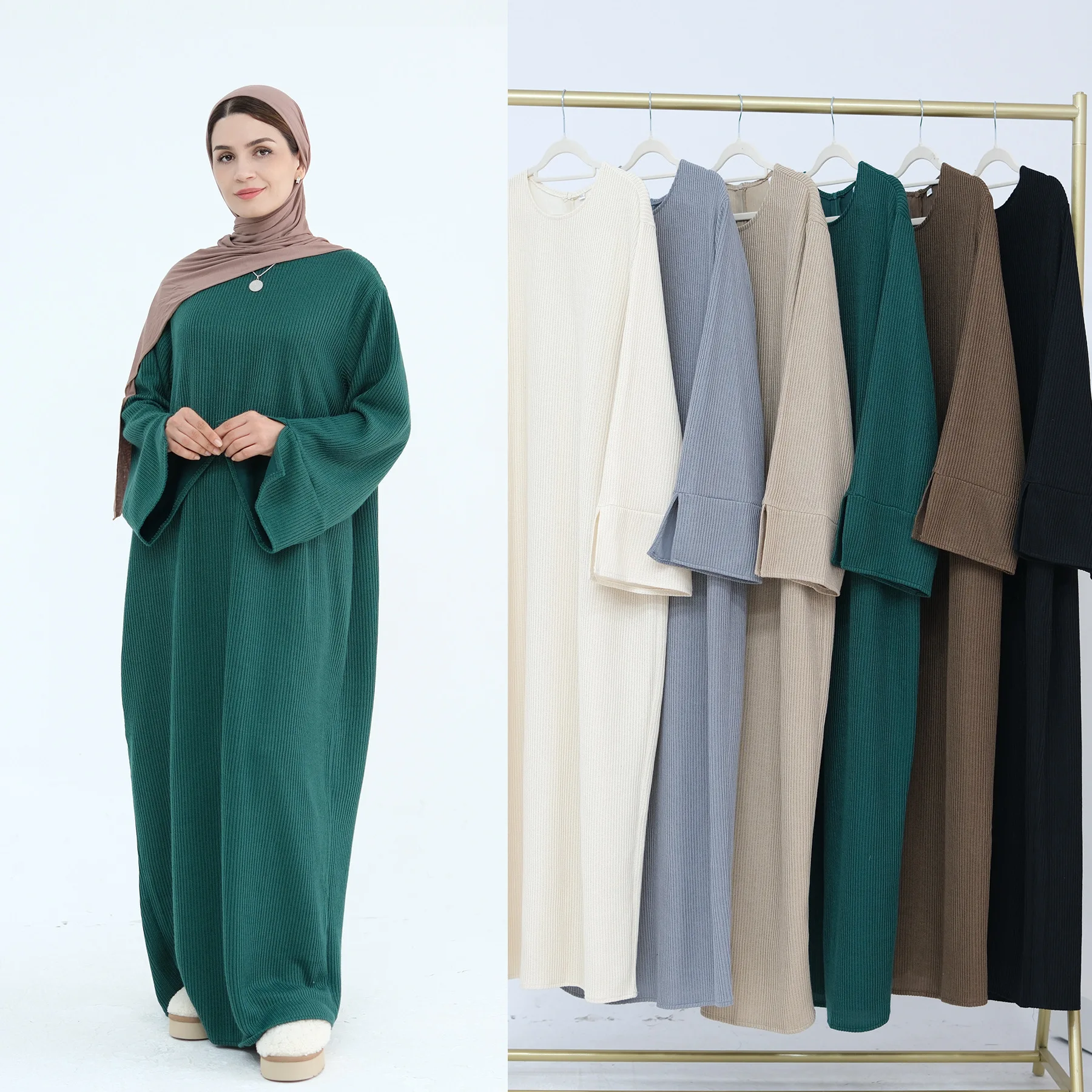 Autumn Winter Knitted Long Sweater Dress for Women Muslim Abaya Dubai Kaftan Arabic Robe Turkey Caftan Morocco Femme Thick Gown