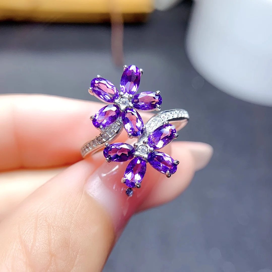 

925 Sterling Silver Natural Amethyst Ring Fine Jewelry Ladies Fashion Party Classic New