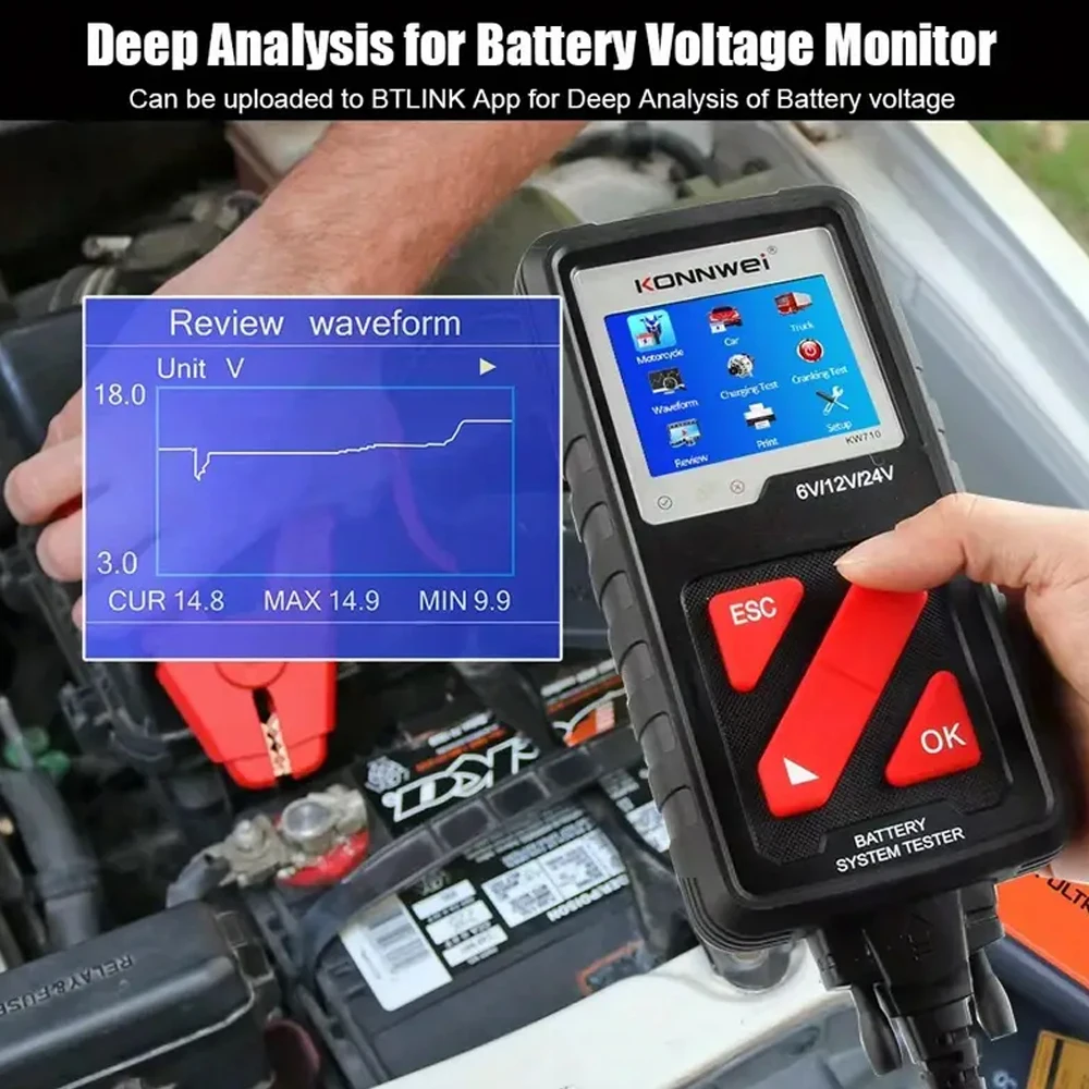 Battery tester, KW710. The test voltage is 5-36V. Supports multiple languages. Rechargeable battery tester.Excluding the battery