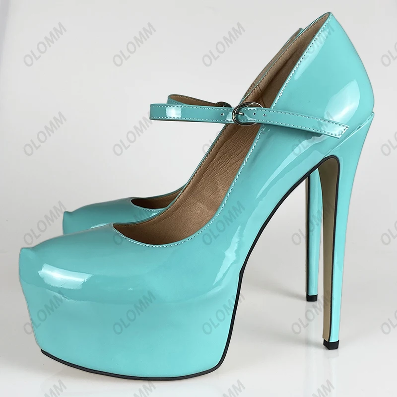 أولوم اليدوية للنساء مضخات لامعة حزام مشبك كعب خنجر جولة اصبع القدم رائع أحمر أصفر أزرق أرجواني حزب أحذية الولايات المتحدة حجم 5-20 #4