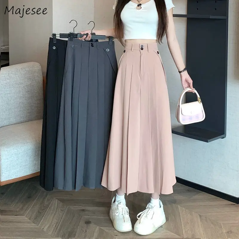 Pleated Skirts Women Solid Sweet High Waist Midi Elegant Fashion Fairycore Autumn New Female All-match Casual Button Design Chic