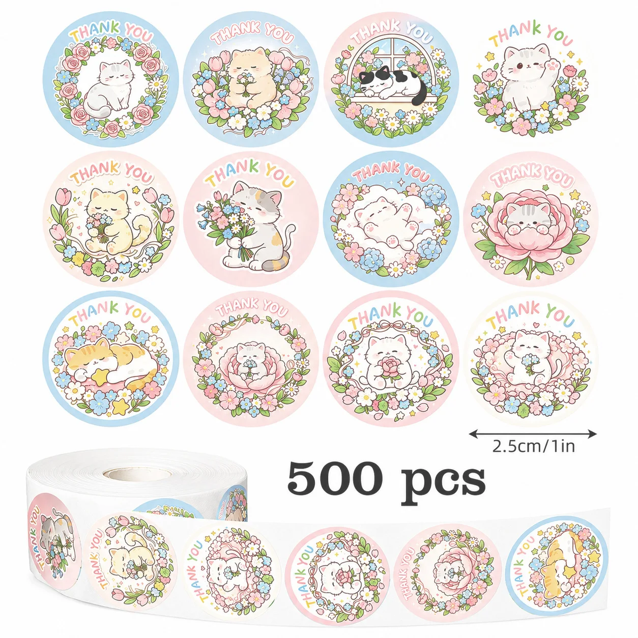 JCAC 500 autocollants ronds de 1 pouce « Merci » à motif floral et chat, 12 designs, étiquettes cadeaux autocollantes mignonnes pour emballage DIY