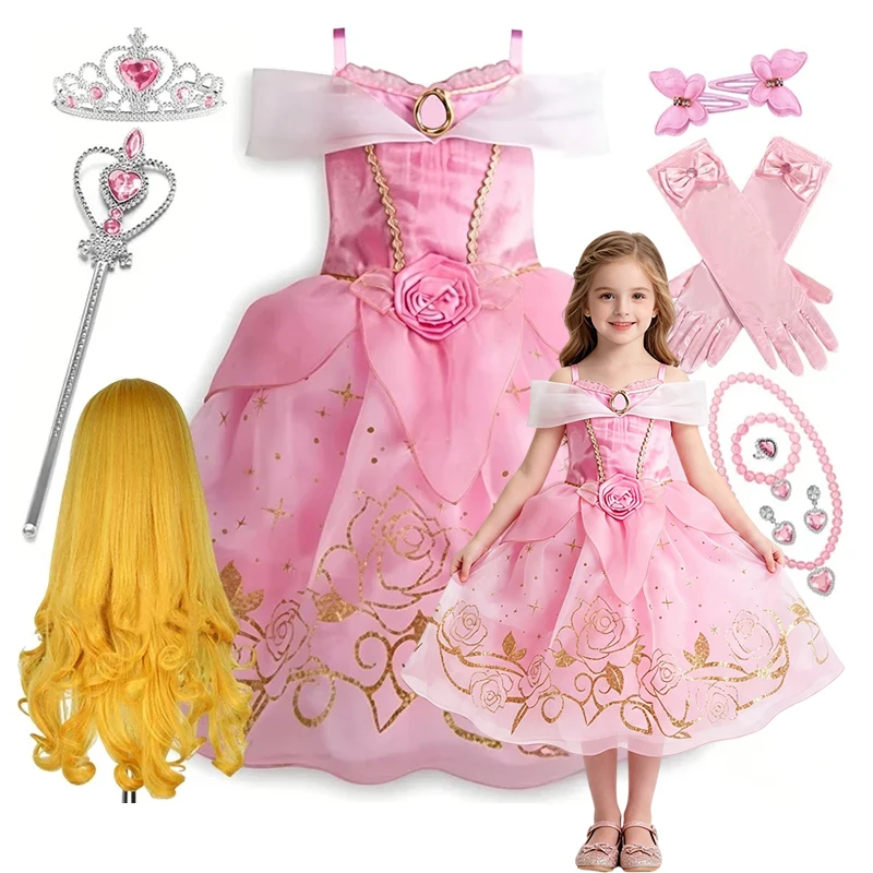 Girls Enchanted Fairy Tale Princess Spaghetti Strap Gown Set Halloween Birthday Carnival Kids Cosplay Party Outfit