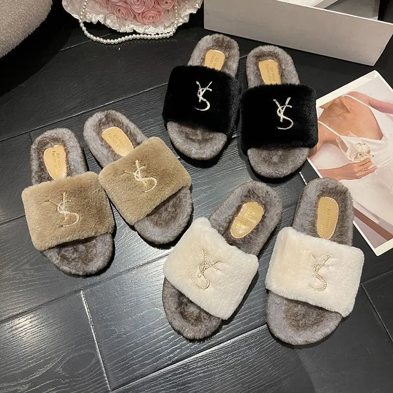 Mao Mao Rhinestone Slippers Are Worn In Autumn 2023, and The Thick-soled Autumn and Winter Luxury Sandals Are Worn