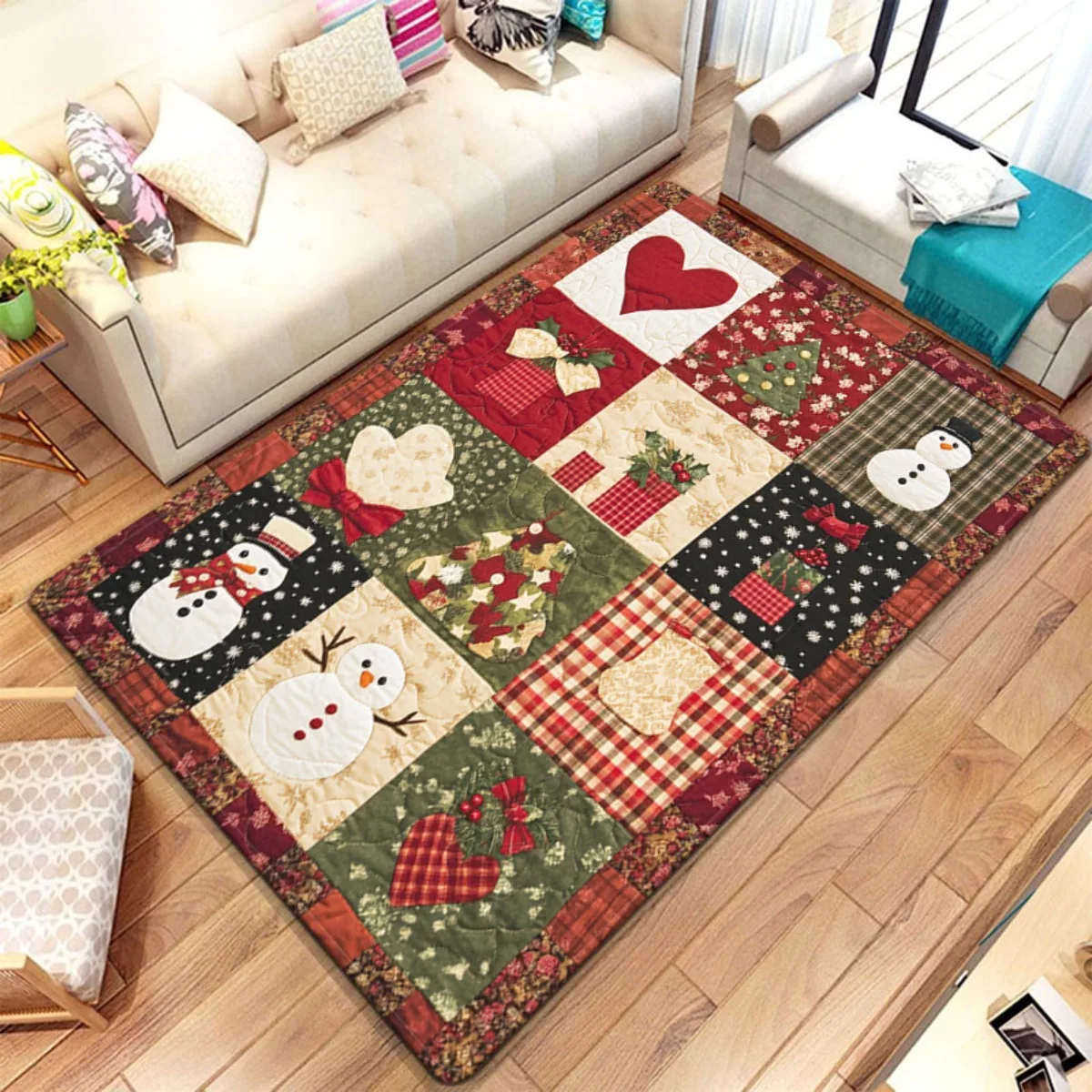 

Christmas snowman heart tree rug festive holiday living room floor mat cozy winter decoration red green plaid pattern