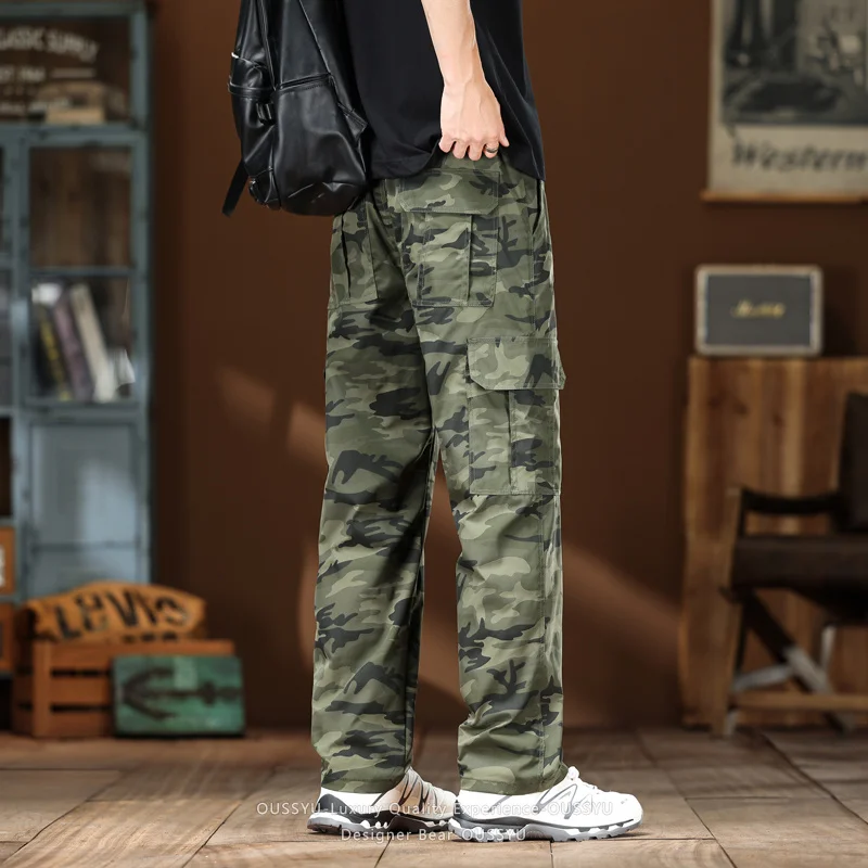 Spring Summer Men's Camo Cargo Pants Elastic Waist Baggy Straight Trousers Outdoor Tactical Work Desert Camouflage Pants Man view 5