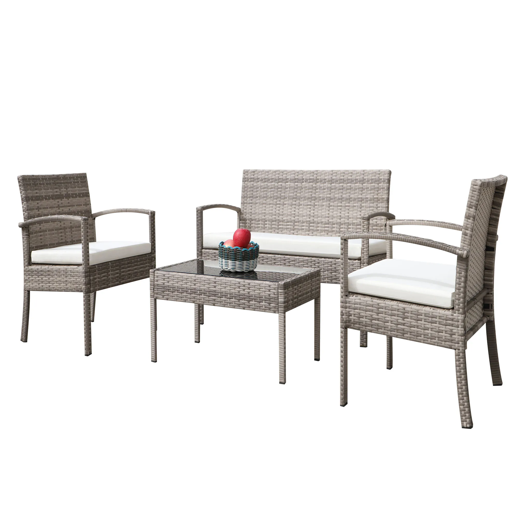 4 PCS Wicker Patio Conversation Set, Outdoor Rattan Sofas with Table Set, Patio Furniture Set with Soft Cushions & Coffee Table