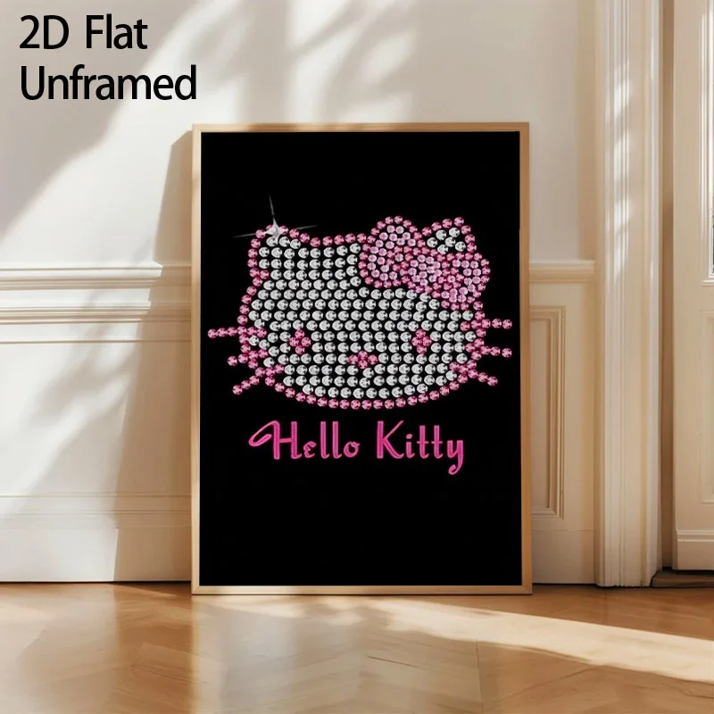 2027 2DFlat, , 1pc Unframed  Hello Kitty Rhinestone Design Posters And Prints, Sparkly Canvas Wall Art with Pink Cursive Text