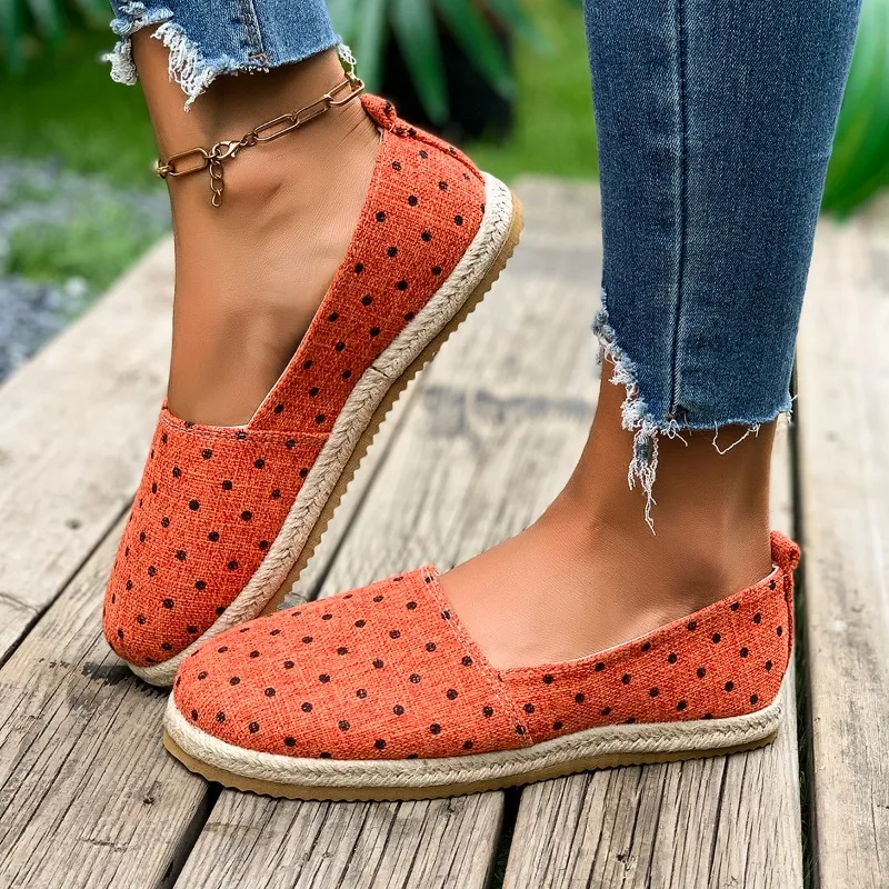 Orange Polka Dot 1.5CM Espadrilles Women Slip on Flat Shoes Casual Comfortable Breathable Summer Loafers Sandalias Mujer