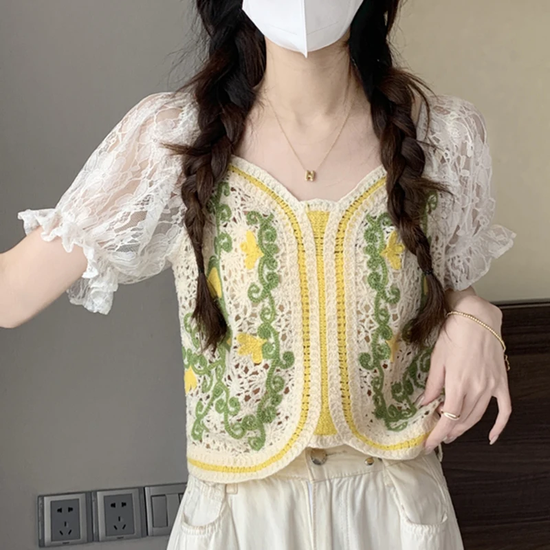 

Embroidery Floral Lace Blouse Puff Sleeve Sweetheart Neck Smocked Back Crop Top Summer Women Teen-girl Fairycore Outfit