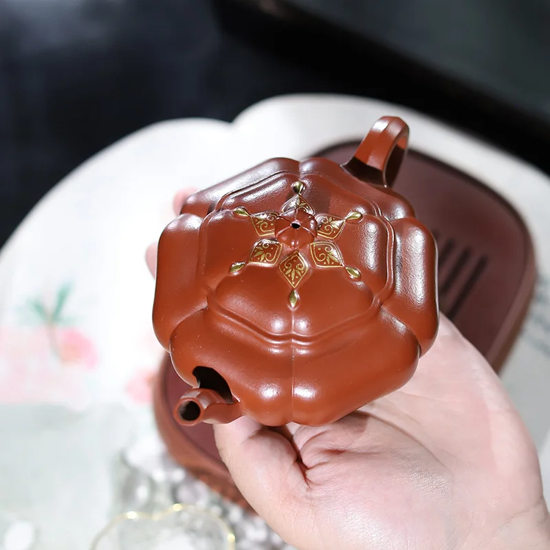 High-End Handmade Purple Clay Teapot Tea Set Made Raw Ore From Yixing Featuring Da Hong Pao Ribbed Pattern Hexagonal Shape