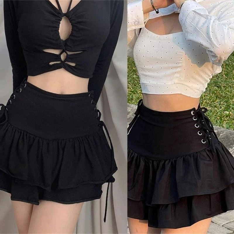 652F Womens Dark Gothic Punk High Waist Mini Skirt Double Layer Tiered Pleated Ruffle Hem Short Skater Skirts Streetwear