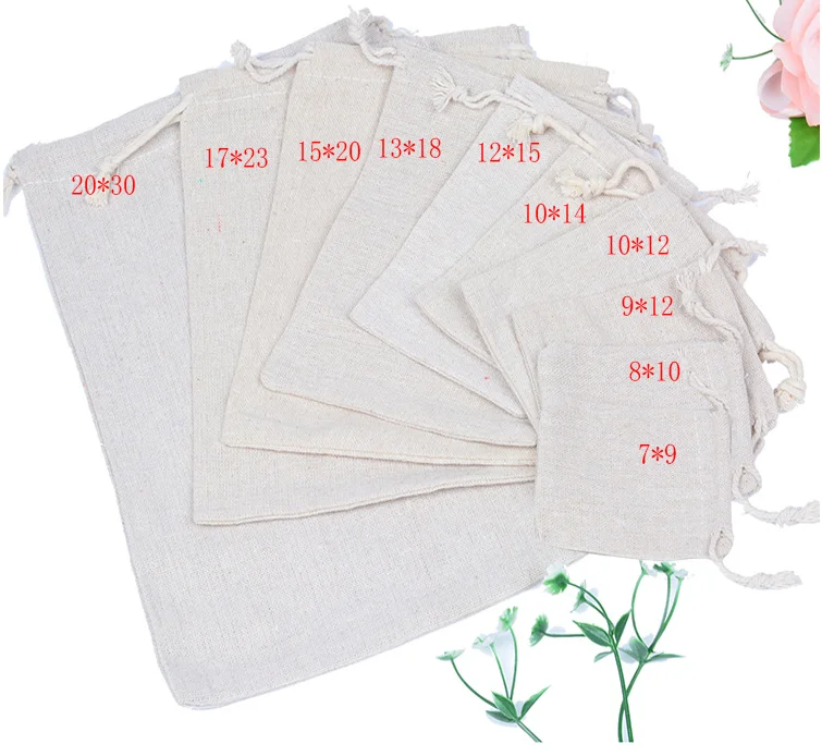 50pcs 7x9, 8x10, 9x12, 10x14, 13x18, 15x20, 17x23, 20x30cm Linen Natural Cotton Bags Drawstring Pouches Custom Logo Printed