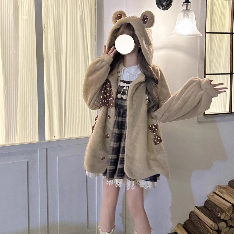 Abrigo de piel sintética para mujer, chaqueta de felpa gruesa suave y cálida Kawaii Lolita para invierno, ropa de abrigo holgada para hija 2025