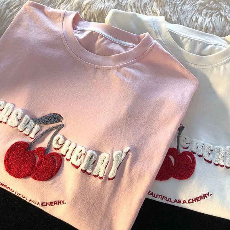 Sweet Girl High Street Flock Cherry Embroidery T Shirts Pure Cotton 2022 Summer Large 3XL Harajuku Oversized Teens Y2k Aesthetic