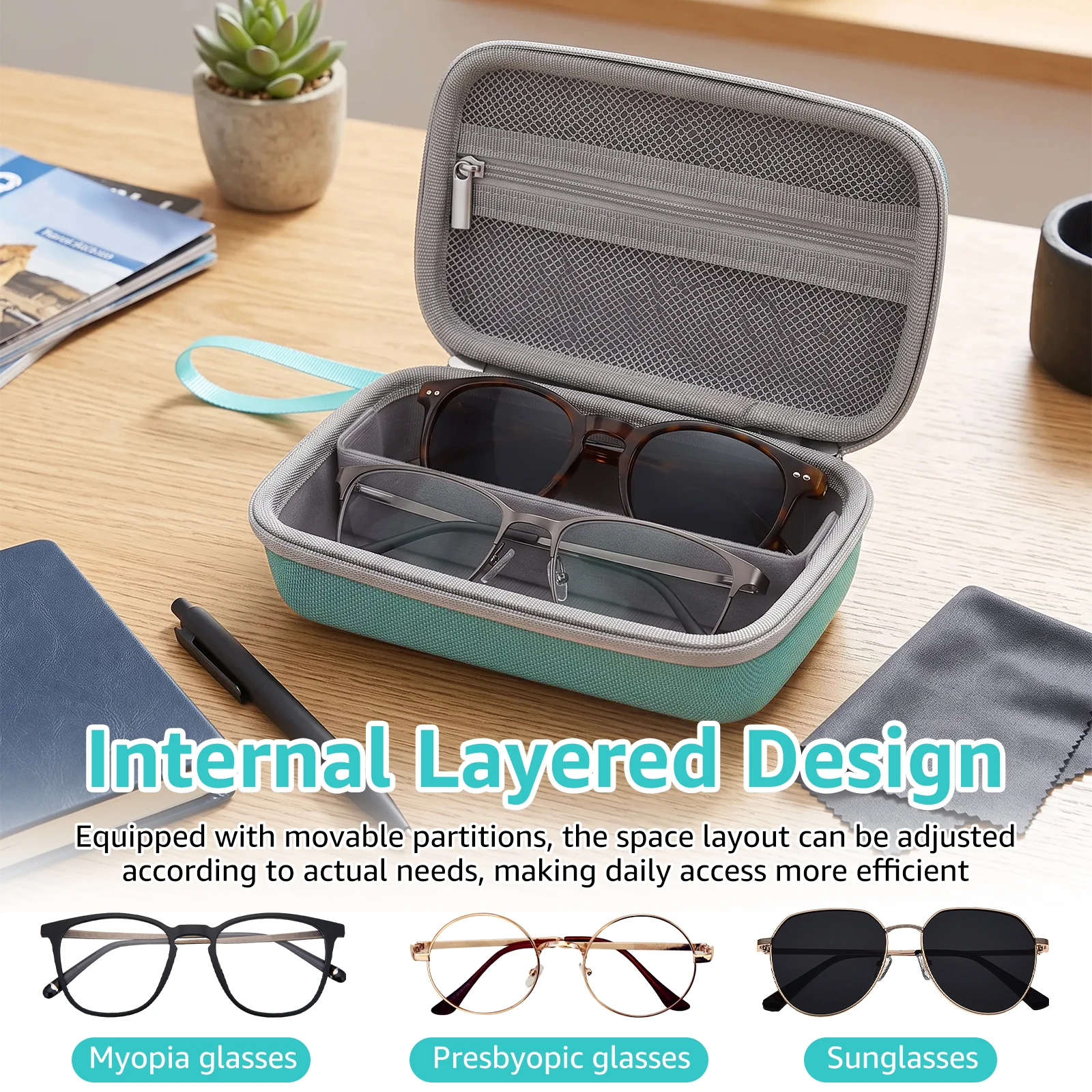 Portable Double Eyeglasses Protection Case EVA Hard Shell Sunglasses Protector with Zipper Travel Glasses Storage Organizer Box