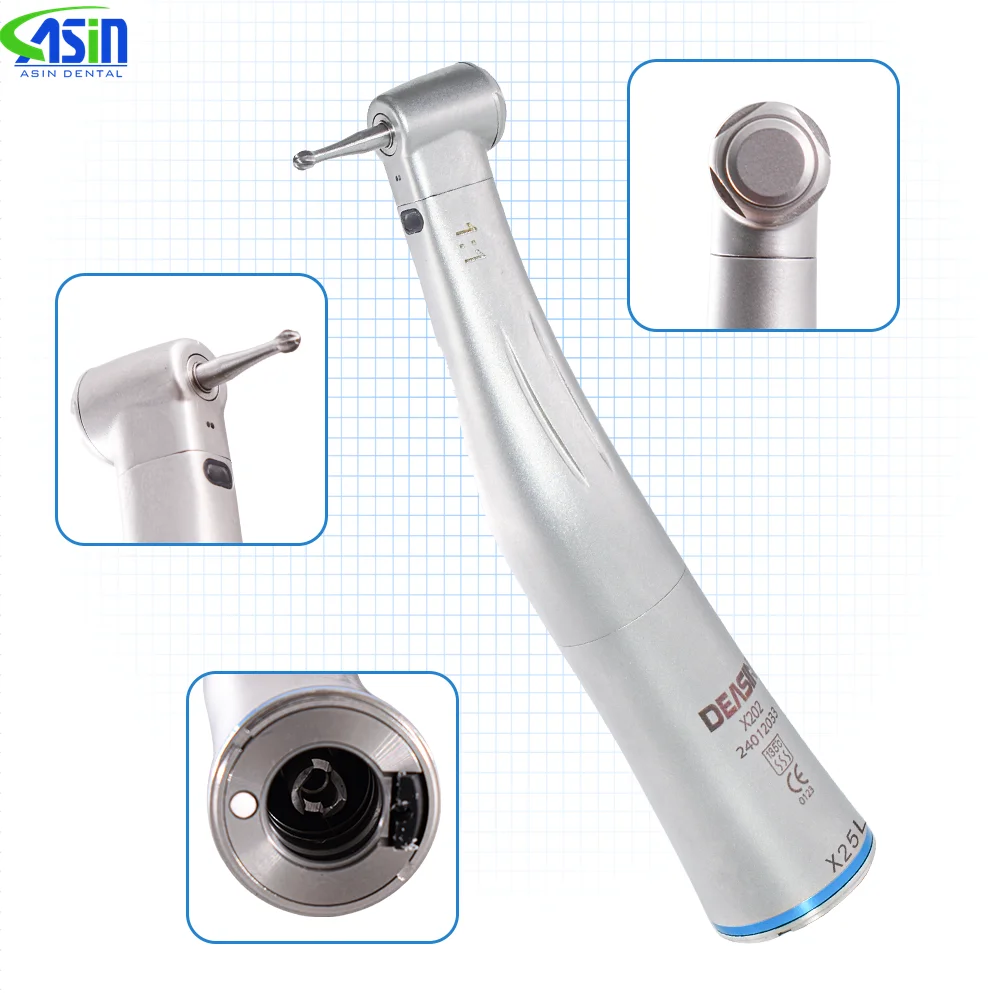 DEASIN Dental 1:1 LED Fiber Optic Blue Ring Low Speed Handpiece Internal Water Spray X25L Contra Angle Push Button Chuck