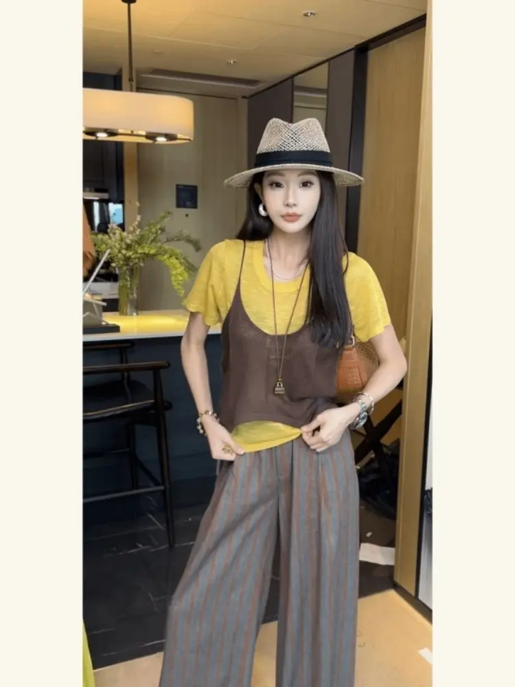 

Стильный корейский женский комплект: повседневные брюки с высокой талией и топ в тон, модный весенний ансамбль