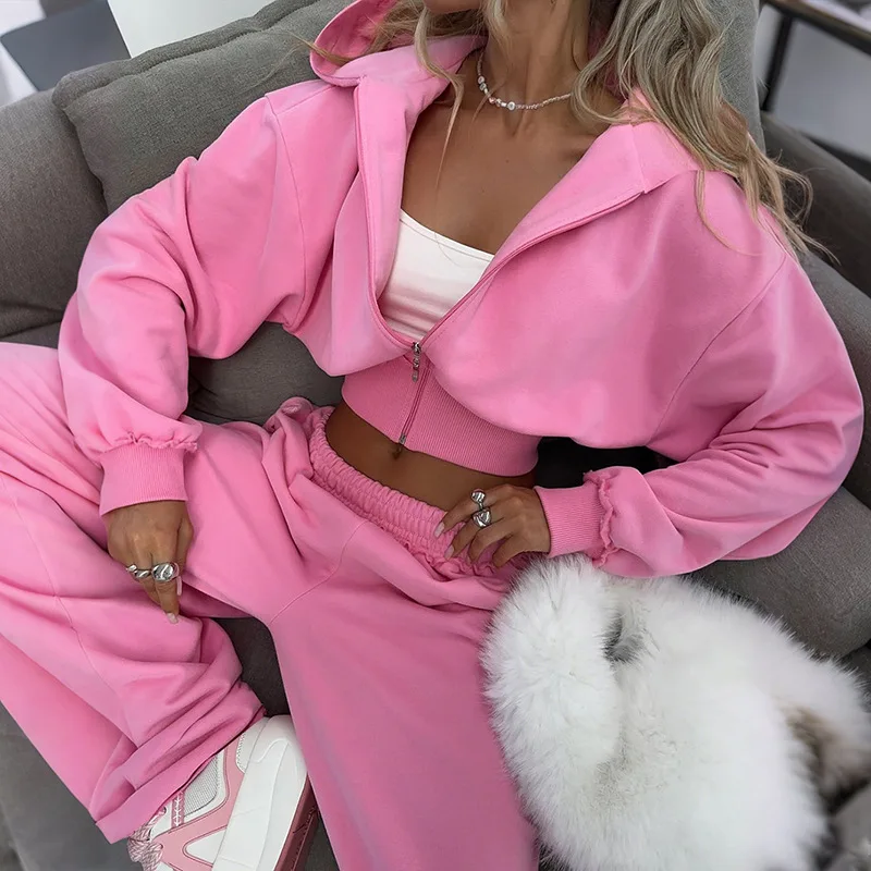 

Women Solid Tracksuits Fleece 2 Piece Set Long Sleeve Zipper Hooded Sweatshirts Crop Top + Drawstring Wide Leg Pants Streetwear
