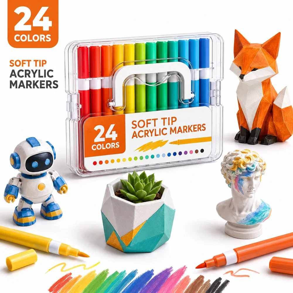 24 Colors Soft Tip Acrylic Paint Markers Pens Set for 3D Print Coloring DIY Crafts Waterproof Permanent Paint Pen