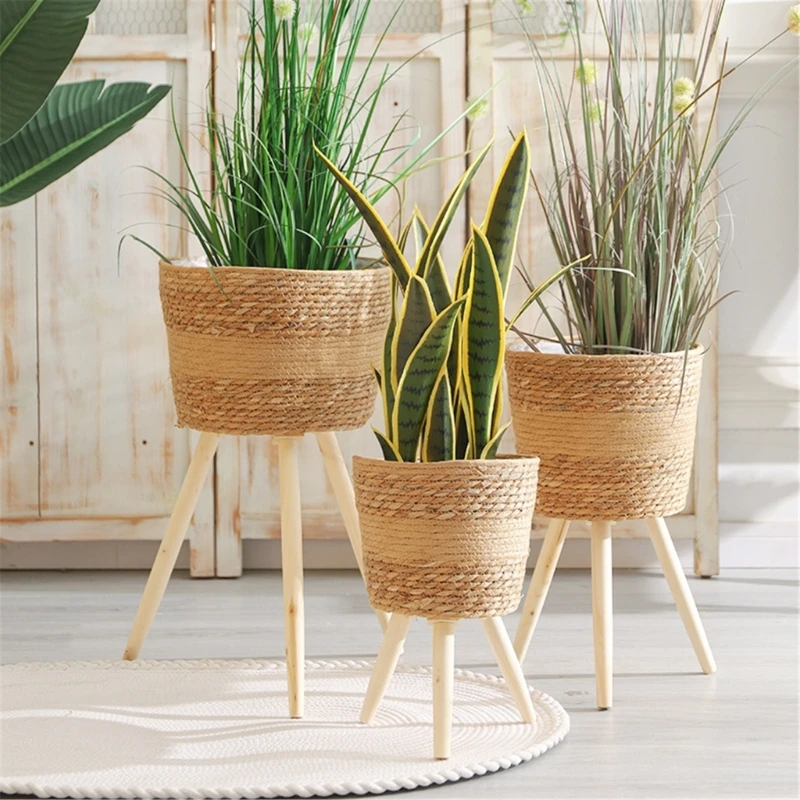 Handwoven Plant Basket Wooden Rack Indoor Outdoor Planter Stand Garden Flowerpots Storage Container for Plantable Decor