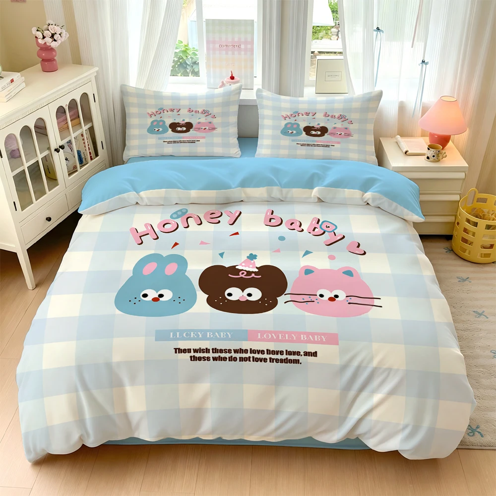 3/4Pc Digital Print Ultra-Soft Home Bedding Set Four-Piece Combination Set Cartoon Cute Rabbit and Cat Pattern Comfortable Breathable Bedding Set Home Bedding Single Duvet Cover Three-Piece Set Dormitory Bedding Four Seasons Use Duvet Cover+Pillowcase+Bed Sheet Does Not Include Pillow Core or Quilt Core
